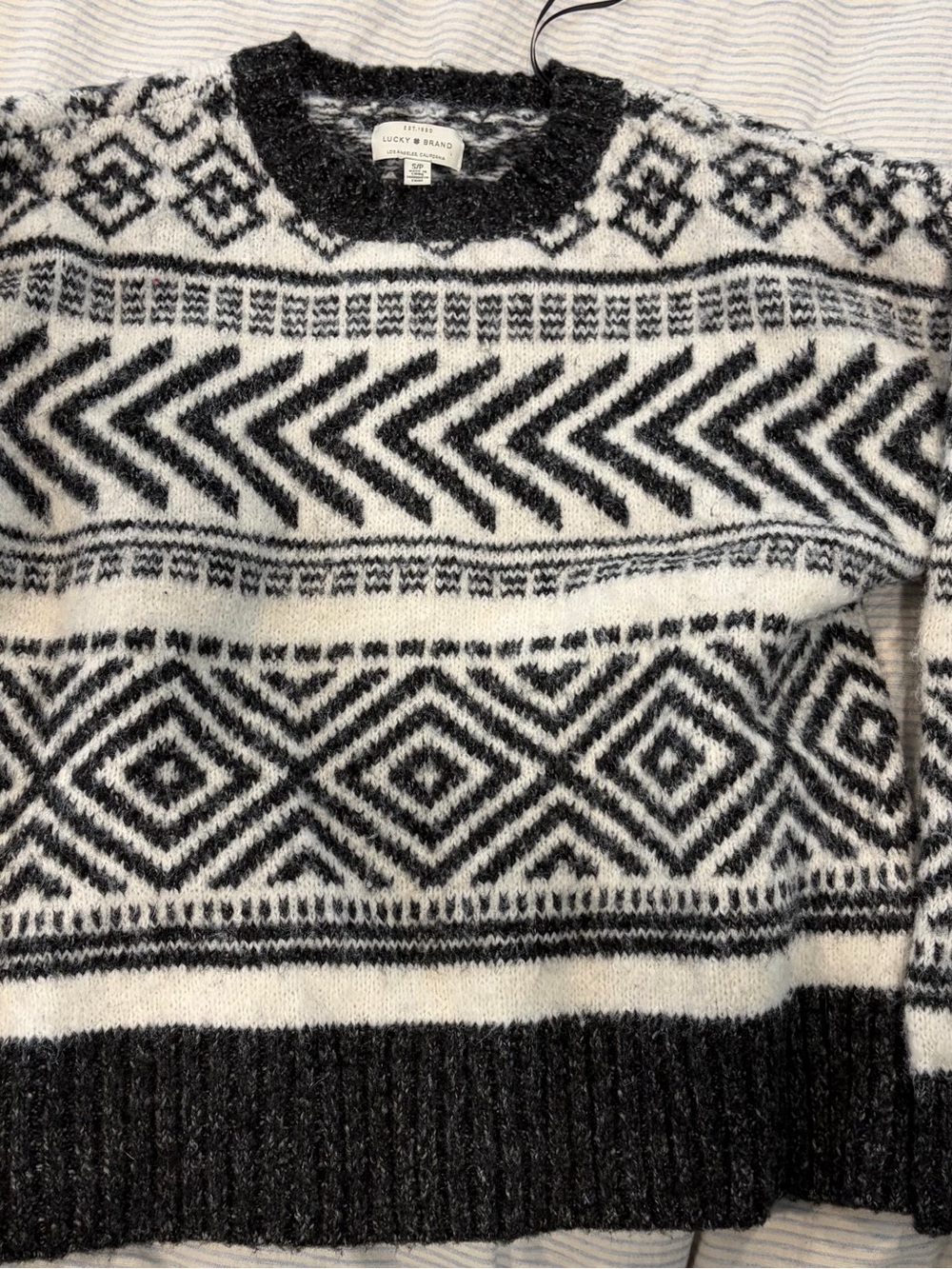 Lucky Brand Black and White Geometric Crewneck Sweater